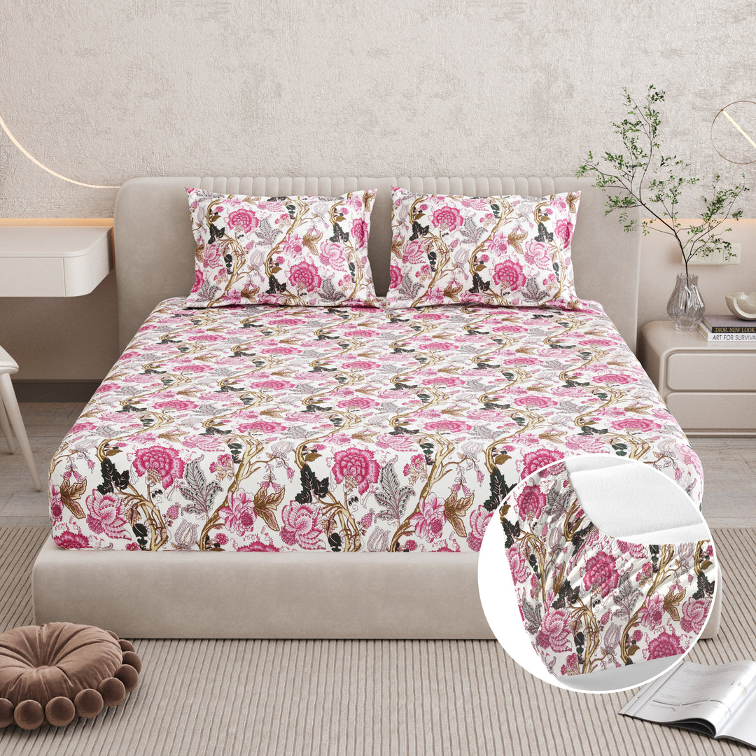 Bella Casa Fashion & Retail Ltd BEDSHEET 72 inch x 78 inch + 10 inch / Pink / 100 % Pure Cotton Double Fitted Bedsheet Set 100% Cotton with 2 Pillow Covers Floral Design Pink Colour - Scarlet Collection