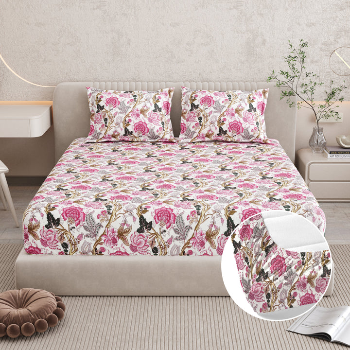 Bella Casa Fashion & Retail Ltd BEDSHEET 72 inch x 78 inch + 10 inch / Pink / 100 % Pure Cotton Double Fitted Bedsheet Set 100% Cotton with 2 Pillow Covers Floral Design Pink Colour - Scarlet Collection