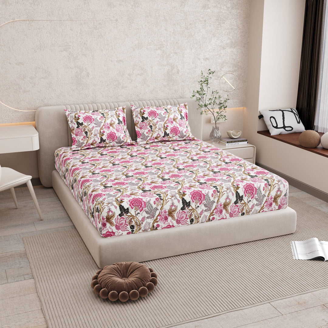 Bella Casa Fashion & Retail Ltd BEDSHEET 72 inch x 78 inch + 10 inch / Pink / 100 % Pure Cotton Double Fitted Bedsheet Set 100% Cotton with 2 Pillow Covers Floral Design Pink Colour - Scarlet Collection