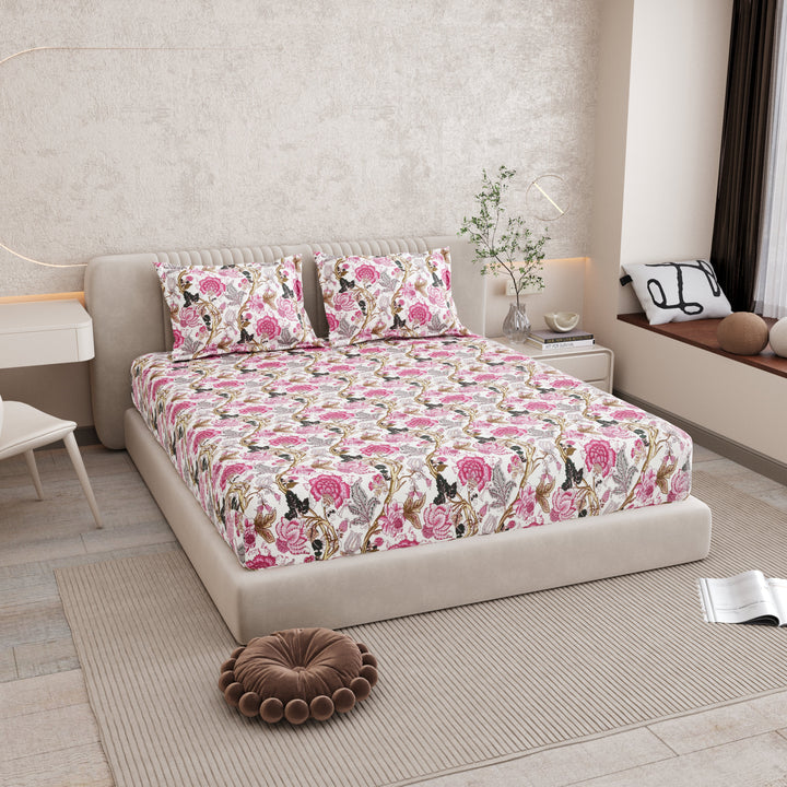 Bella Casa Fashion & Retail Ltd BEDSHEET 72 inch x 78 inch + 10 inch / Pink / 100 % Pure Cotton Double Fitted Bedsheet Set 100% Cotton with 2 Pillow Covers Floral Design Pink Colour - Scarlet Collection