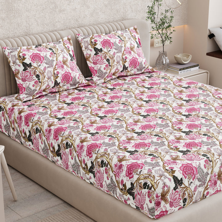 Bella Casa Fashion & Retail Ltd BEDSHEET 72 inch x 78 inch + 10 inch / Pink / 100 % Pure Cotton Double Fitted Bedsheet Set 100% Cotton with 2 Pillow Covers Floral Design Pink Colour - Scarlet Collection