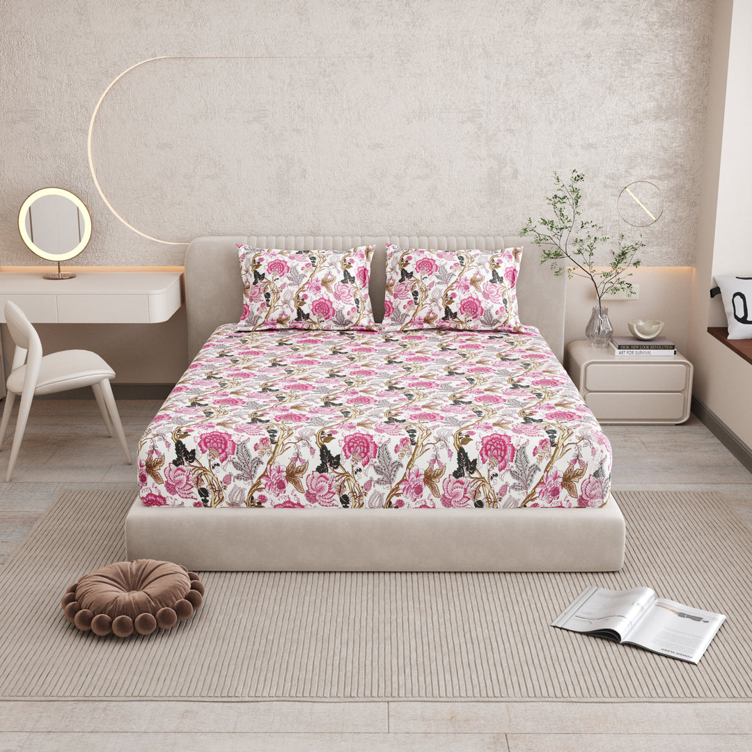Bella Casa Fashion & Retail Ltd BEDSHEET 72 inch x 78 inch + 10 inch / Pink / 100 % Pure Cotton Double Fitted Bedsheet Set 100% Cotton with 2 Pillow Covers Floral Design Pink Colour - Scarlet Collection