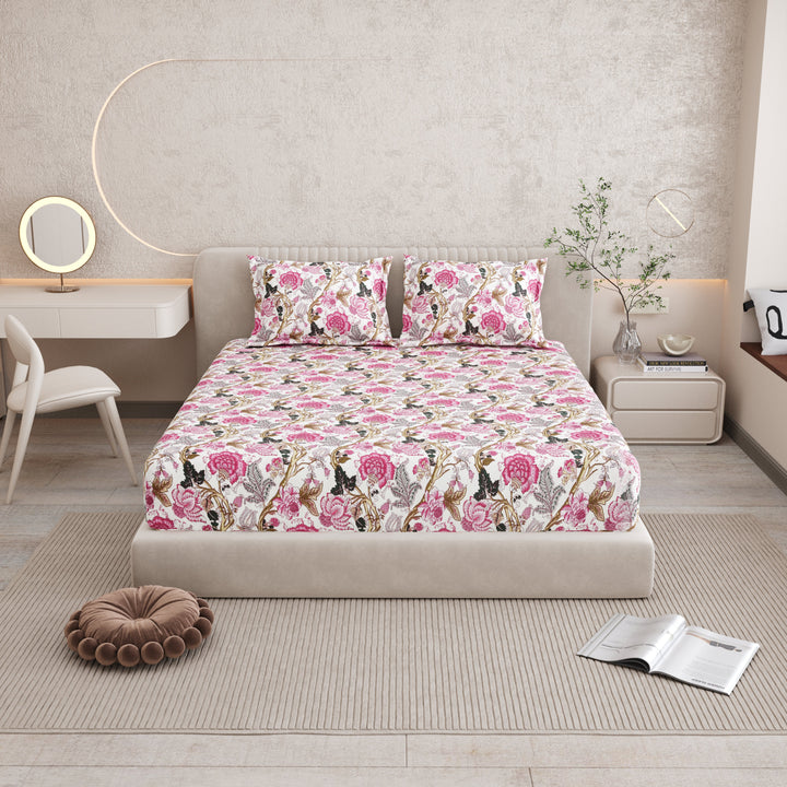 Bella Casa Fashion & Retail Ltd BEDSHEET 72 inch x 78 inch + 10 inch / Pink / 100 % Pure Cotton Double Fitted Bedsheet Set 100% Cotton with 2 Pillow Covers Floral Design Pink Colour - Scarlet Collection