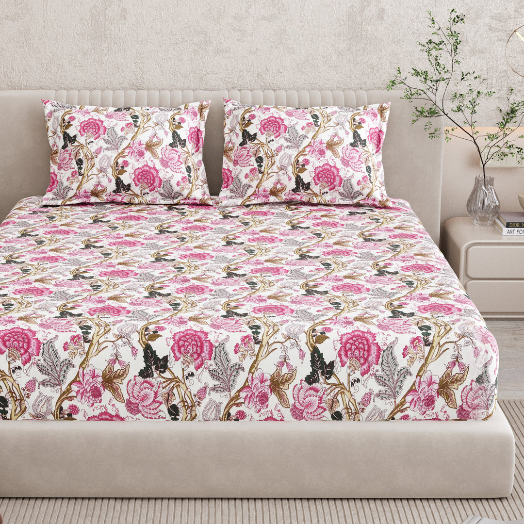 Bella Casa Fashion & Retail Ltd BEDSHEET 72 inch x 78 inch + 10 inch / Pink / 100 % Pure Cotton Double Fitted Bedsheet Set 100% Cotton with 2 Pillow Covers Floral Design Pink Colour - Scarlet Collection