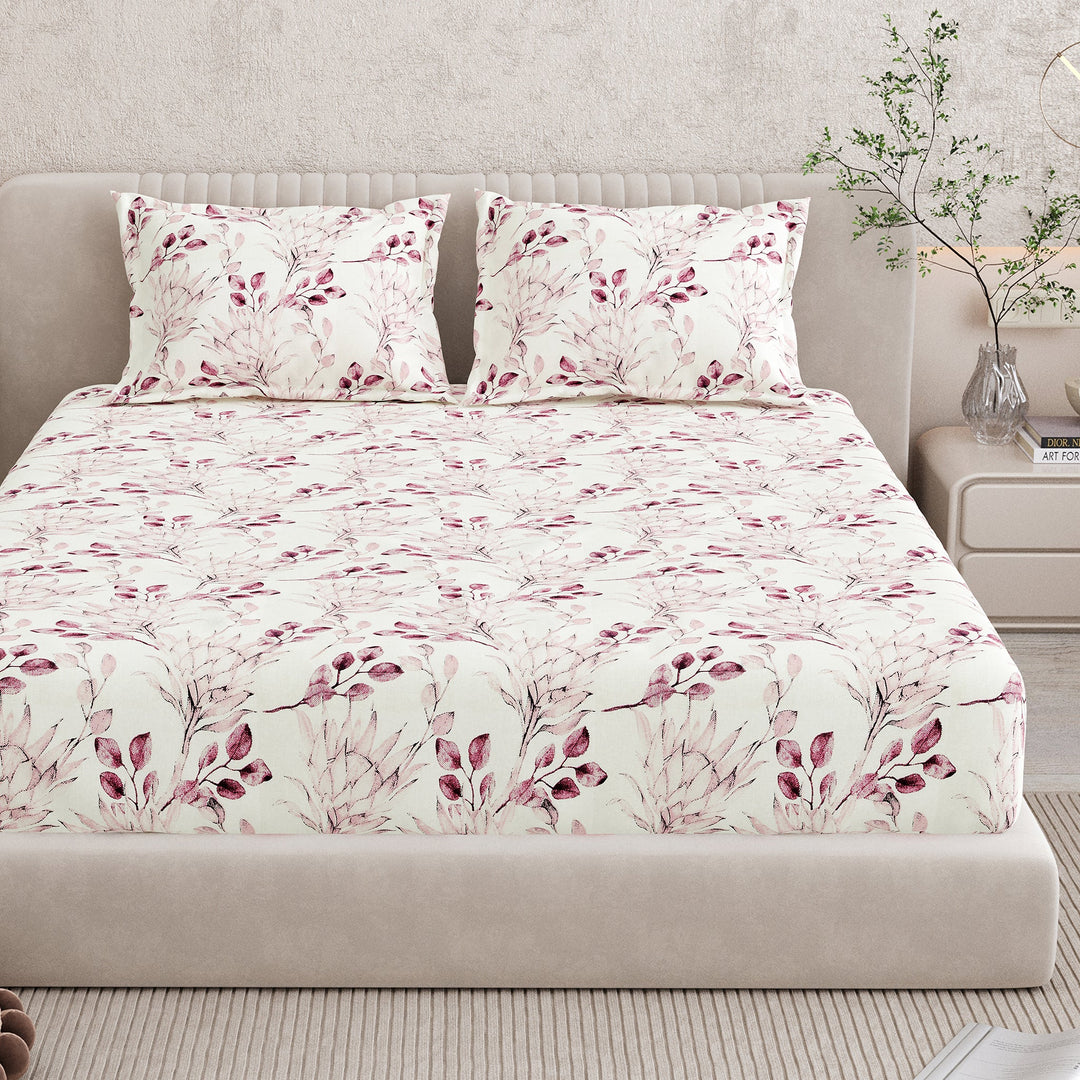 Bella Casa Fashion & Retail Ltd BEDSHEET 72 inch x 78 inch + 10 inch / Pink / 100 % Pure Cotton Double Fitted Bedsheet Set 100% Cotton with 2 Pillow Covers Floral Design Pink Colour - Scarlet Collection