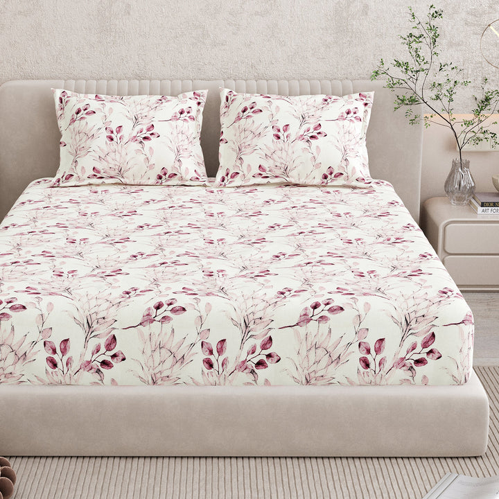 Bella Casa Fashion & Retail Ltd BEDSHEET 72 inch x 78 inch + 10 inch / Pink / 100 % Pure Cotton Double Fitted Bedsheet Set 100% Cotton with 2 Pillow Covers Floral Design Pink Colour - Scarlet Collection