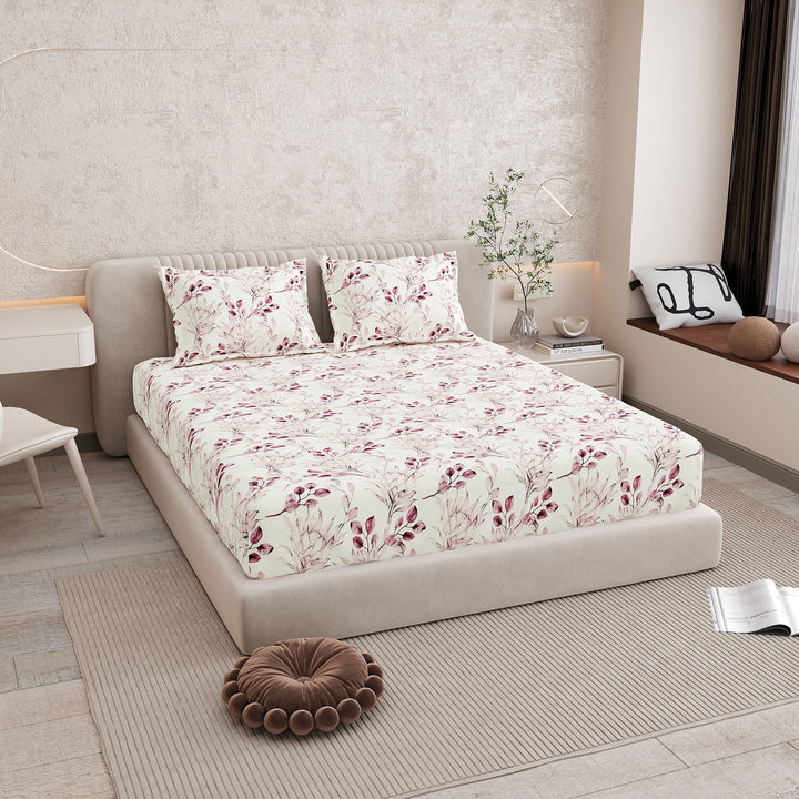 Bella Casa Fashion & Retail Ltd BEDSHEET 72 inch x 78 inch + 10 inch / Pink / 100 % Pure Cotton Double Fitted Bedsheet Set 100% Cotton with 2 Pillow Covers Floral Design Pink Colour - Scarlet Collection