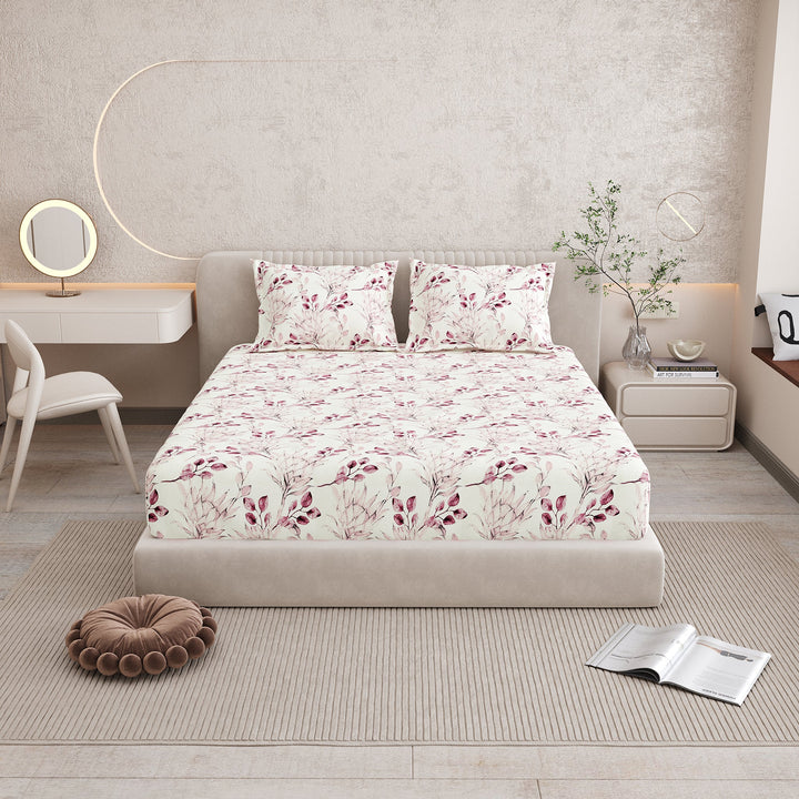 Bella Casa Fashion & Retail Ltd BEDSHEET 72 inch x 78 inch + 10 inch / Pink / 100 % Pure Cotton Double Fitted Bedsheet Set 100% Cotton with 2 Pillow Covers Floral Design Pink Colour - Scarlet Collection