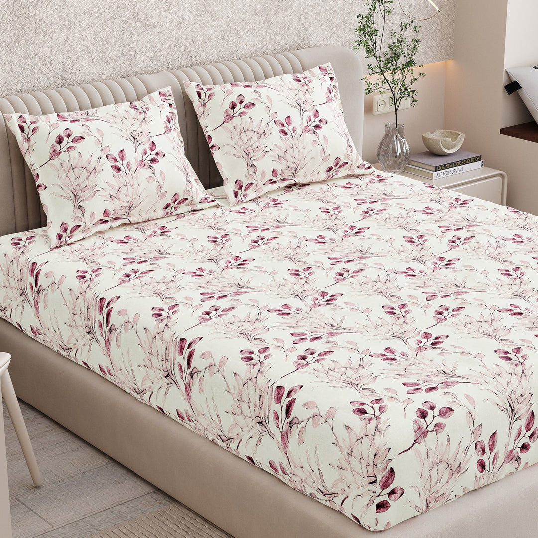 Bella Casa Fashion & Retail Ltd BEDSHEET 72 inch x 78 inch + 10 inch / Pink / 100 % Pure Cotton Double Fitted Bedsheet Set 100% Cotton with 2 Pillow Covers Floral Design Pink Colour - Scarlet Collection