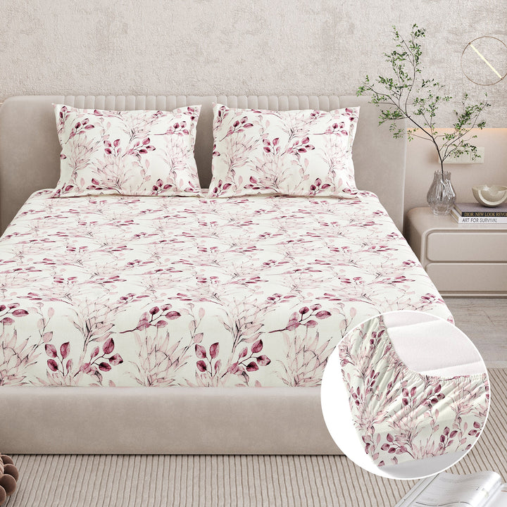 Bella Casa Fashion & Retail Ltd BEDSHEET 72 inch x 78 inch + 10 inch / Pink / 100 % Pure Cotton Double Fitted Bedsheet Set 100% Cotton with 2 Pillow Covers Floral Design Pink Colour - Scarlet Collection