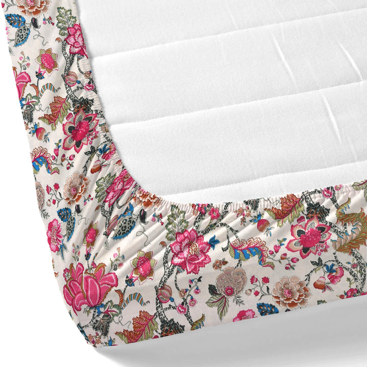 Bella Casa Fashion & Retail Ltd BEDSHEET 72 inch x 78 inch + 10 inch / Pink & Cream / 100 % Pure Cotton Double Fitted Bedsheet Set 100% Cotton with 2 Pillow Covers Floral Design Pink & Cream Colour - Scarlet Collection