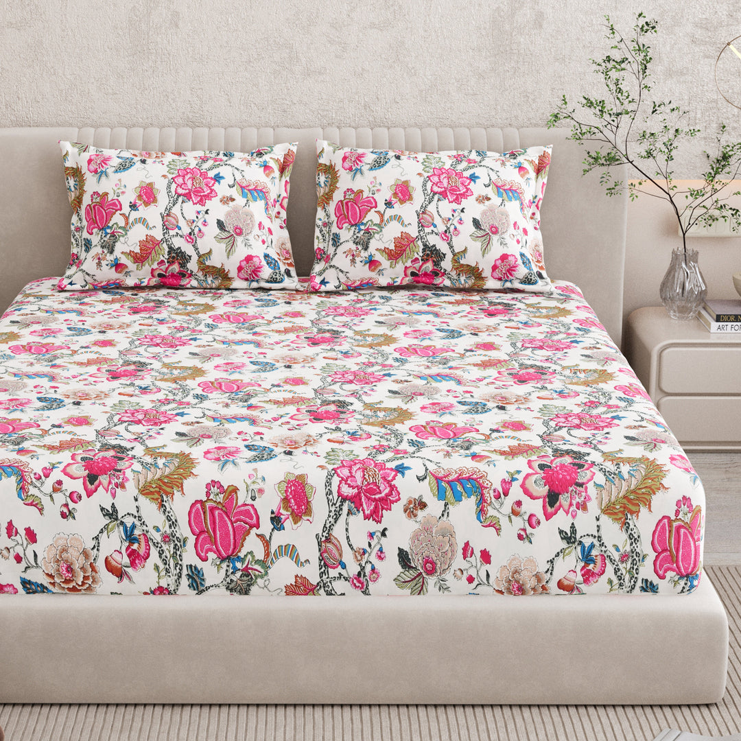 Bella Casa Fashion & Retail Ltd BEDSHEET 72 inch x 78 inch + 10 inch / Pink & Cream / 100 % Pure Cotton Double Fitted Bedsheet Set 100% Cotton with 2 Pillow Covers Floral Design Pink & Cream Colour - Scarlet Collection