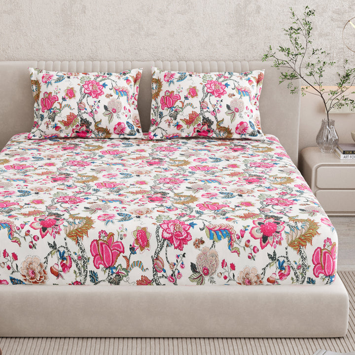 Bella Casa Fashion & Retail Ltd BEDSHEET 72 inch x 78 inch + 10 inch / Pink & Cream / 100 % Pure Cotton Double Fitted Bedsheet Set 100% Cotton with 2 Pillow Covers Floral Design Pink & Cream Colour - Scarlet Collection