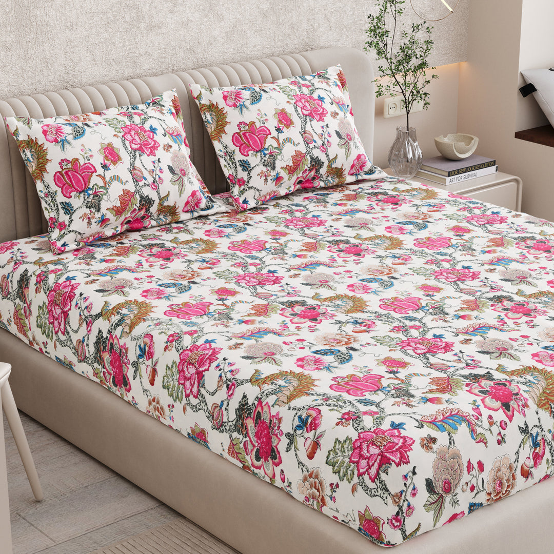 Bella Casa Fashion & Retail Ltd BEDSHEET 72 inch x 78 inch + 10 inch / Pink & Cream / 100 % Pure Cotton Double Fitted Bedsheet Set 100% Cotton with 2 Pillow Covers Floral Design Pink & Cream Colour - Scarlet Collection