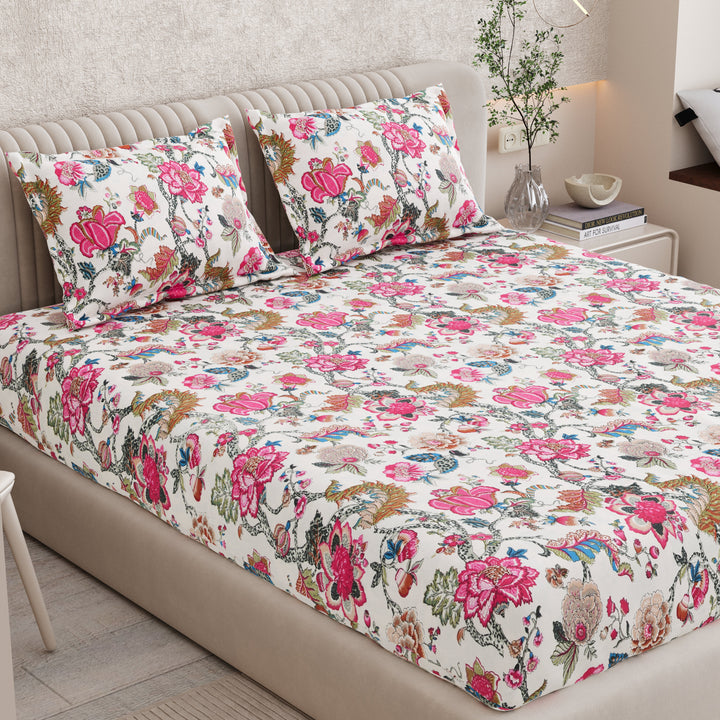 Bella Casa Fashion & Retail Ltd BEDSHEET 72 inch x 78 inch + 10 inch / Pink & Cream / 100 % Pure Cotton Double Fitted Bedsheet Set 100% Cotton with 2 Pillow Covers Floral Design Pink & Cream Colour - Scarlet Collection