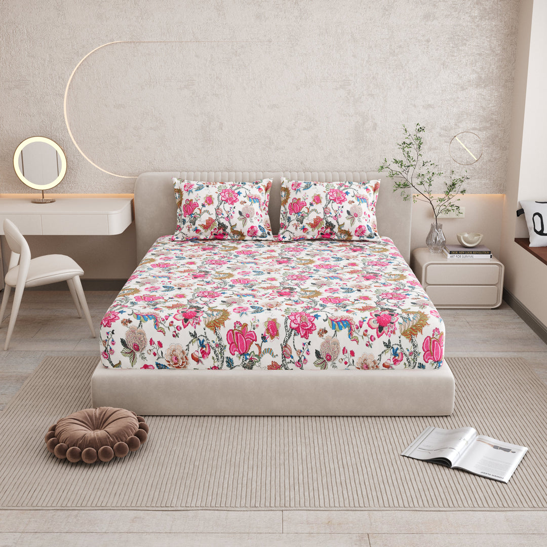 Bella Casa Fashion & Retail Ltd BEDSHEET 72 inch x 78 inch + 10 inch / Pink & Cream / 100 % Pure Cotton Double Fitted Bedsheet Set 100% Cotton with 2 Pillow Covers Floral Design Pink & Cream Colour - Scarlet Collection