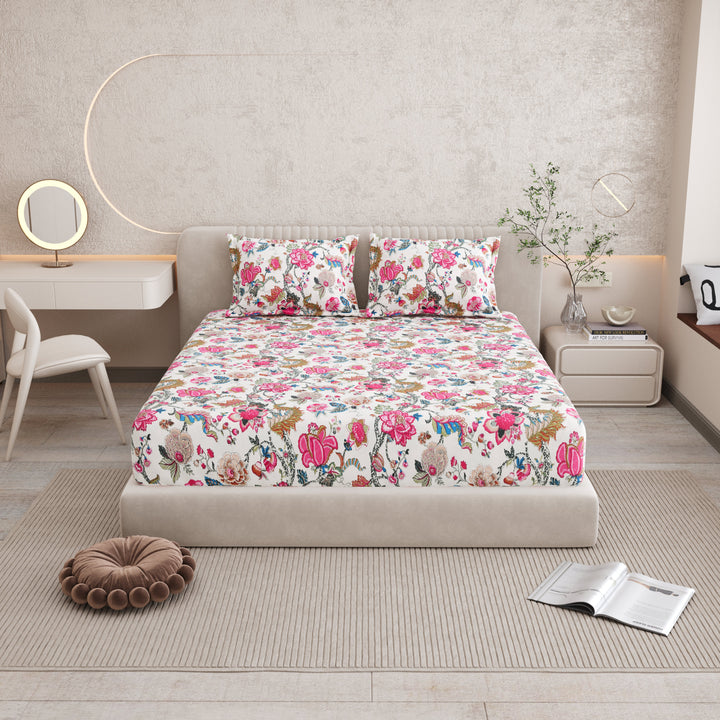 Bella Casa Fashion & Retail Ltd BEDSHEET 72 inch x 78 inch + 10 inch / Pink & Cream / 100 % Pure Cotton Double Fitted Bedsheet Set 100% Cotton with 2 Pillow Covers Floral Design Pink & Cream Colour - Scarlet Collection