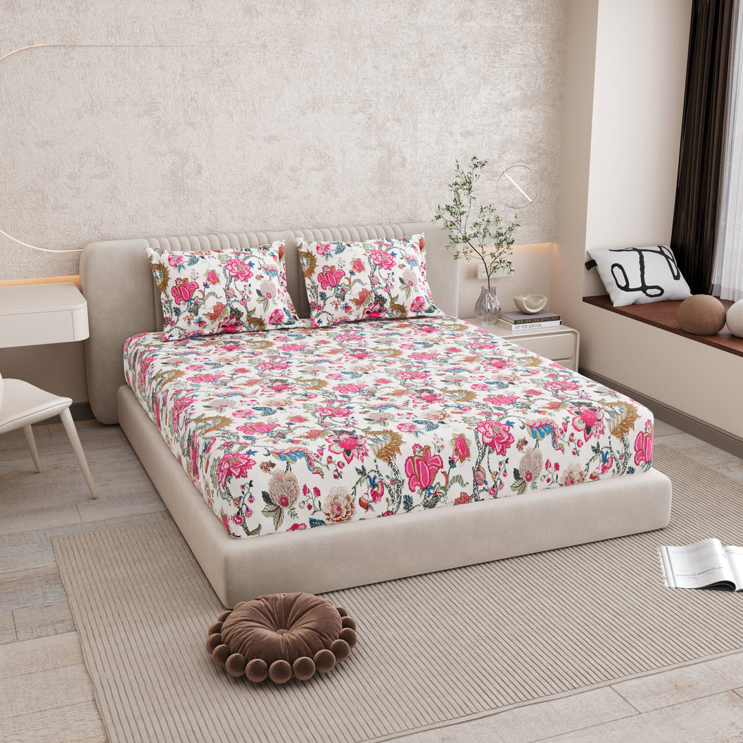 Bella Casa Fashion & Retail Ltd BEDSHEET 72 inch x 78 inch + 10 inch / Pink & Cream / 100 % Pure Cotton Double Fitted Bedsheet Set 100% Cotton with 2 Pillow Covers Floral Design Pink & Cream Colour - Scarlet Collection