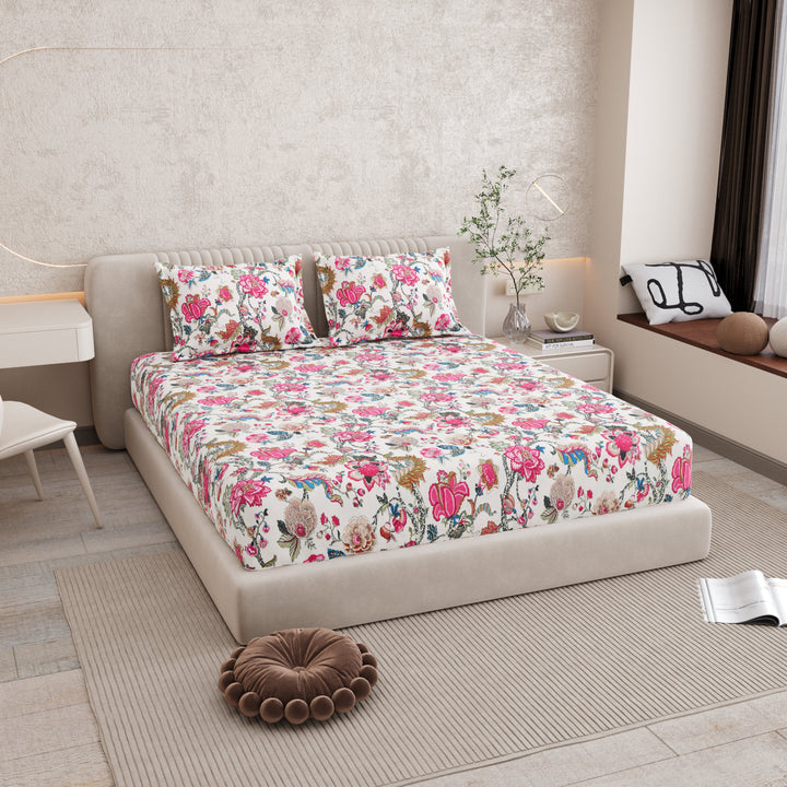 Bella Casa Fashion & Retail Ltd BEDSHEET 72 inch x 78 inch + 10 inch / Pink & Cream / 100 % Pure Cotton Double Fitted Bedsheet Set 100% Cotton with 2 Pillow Covers Floral Design Pink & Cream Colour - Scarlet Collection