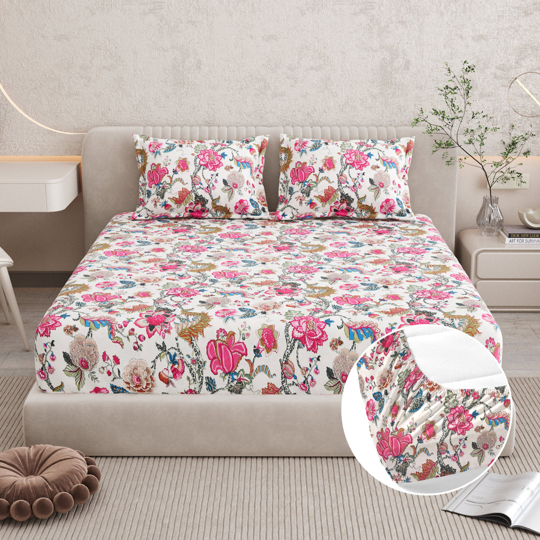 Bella Casa Fashion & Retail Ltd BEDSHEET 72 inch x 78 inch + 10 inch / Pink & Cream / 100 % Pure Cotton Double Fitted Bedsheet Set 100% Cotton with 2 Pillow Covers Floral Design Pink & Cream Colour - Scarlet Collection