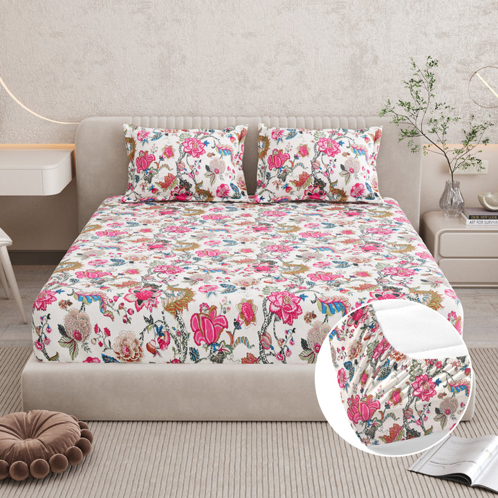Bella Casa Fashion & Retail Ltd BEDSHEET 72 inch x 78 inch + 10 inch / Pink & Cream / 100 % Pure Cotton Double Fitted Bedsheet Set 100% Cotton with 2 Pillow Covers Floral Design Pink & Cream Colour - Scarlet Collection