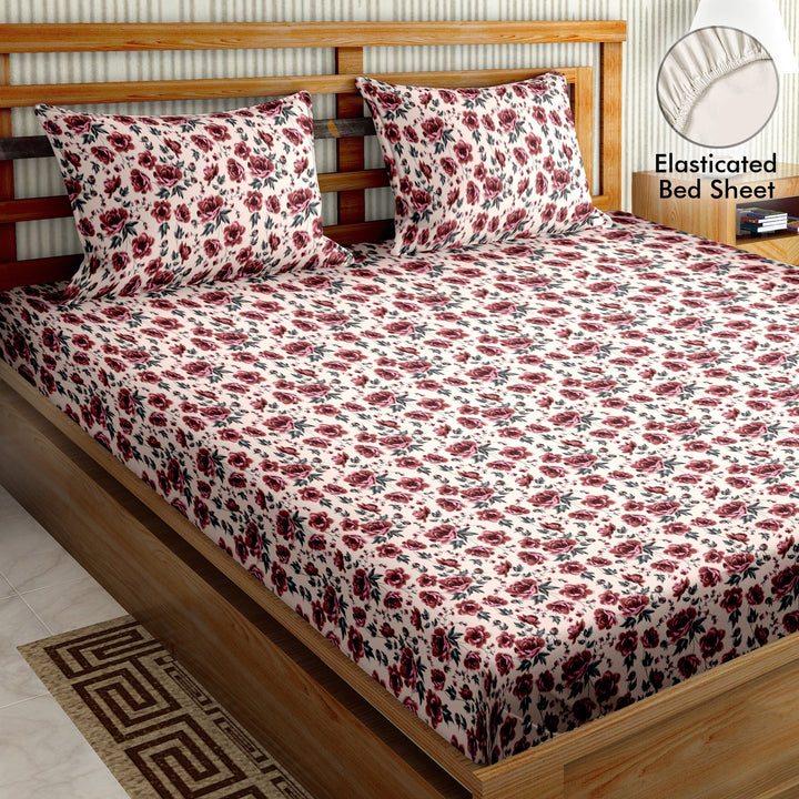 Bella Casa Fashion & Retail Ltd  BEDSHEET 72 inch x 78 inch + 10 inch / Red / 100 % Cotton Bella Casa Double Fitted Bedsheet Set 100 % Cotton with 2 Pillow Covers Floral Design Red Colour - Scarlet Collection