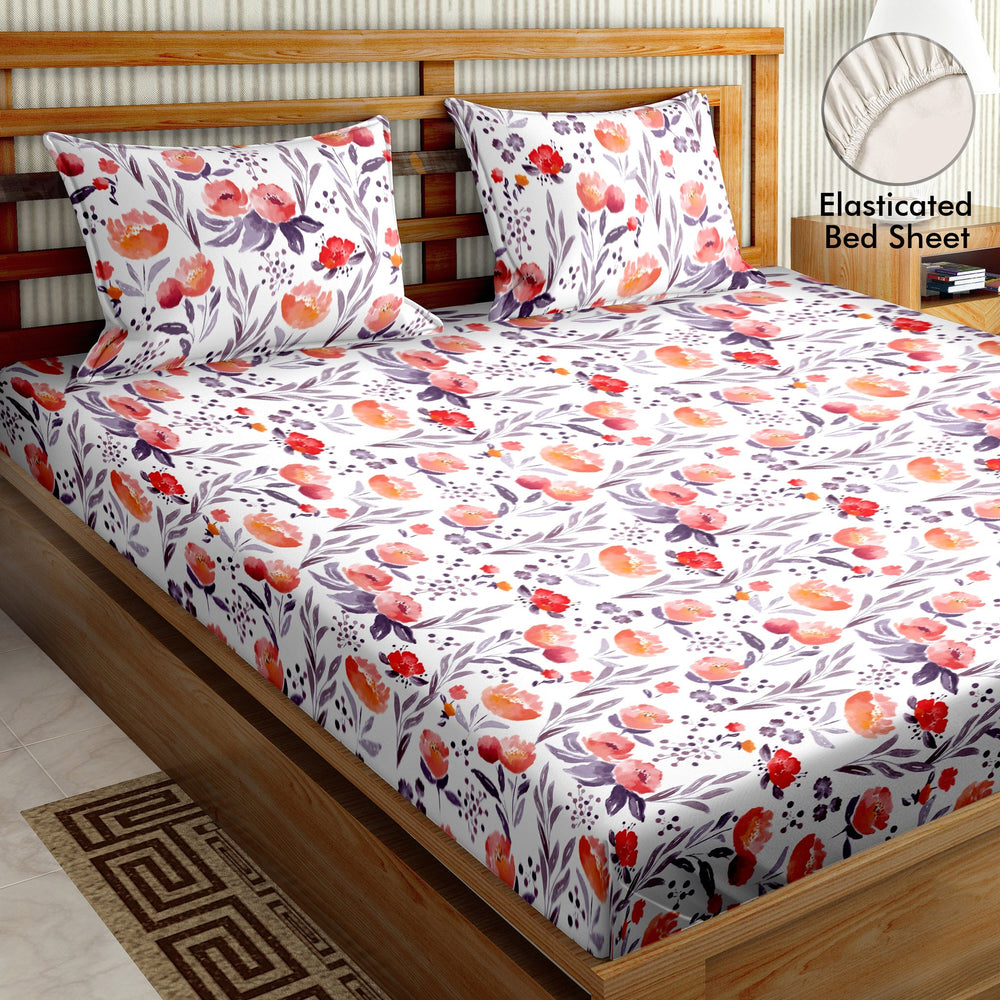 Bella Casa Fashion & Retail Ltd  BEDSHEET 72 inch x 78 inch + 10 inch / Red / 100 % Cotton Bella Casa Double Fitted Bedsheet Set 100 % Cotton with 2 Pillow Covers Floral Design Red Colour - Scarlet Collection