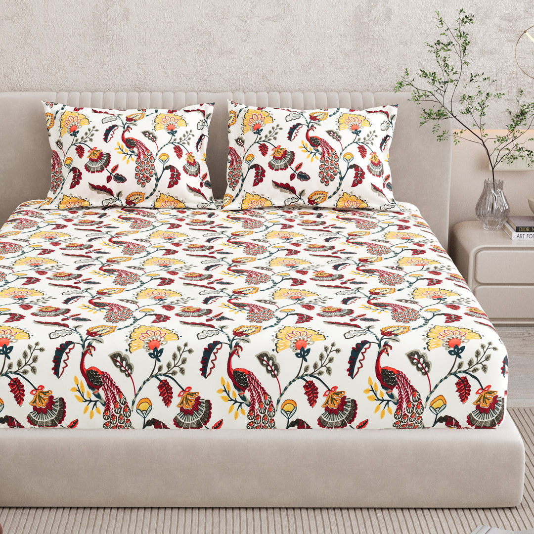 Bella Casa Fashion & Retail Ltd BEDSHEET 72 inch x 78 inch + 10 inch / Red & Mustard / 100 % Pure Cotton Double Fitted Bedsheet Set 100% Cotton with 2 Pillow Covers Floral Design Red & Mustard Colour - Scarlet Collection