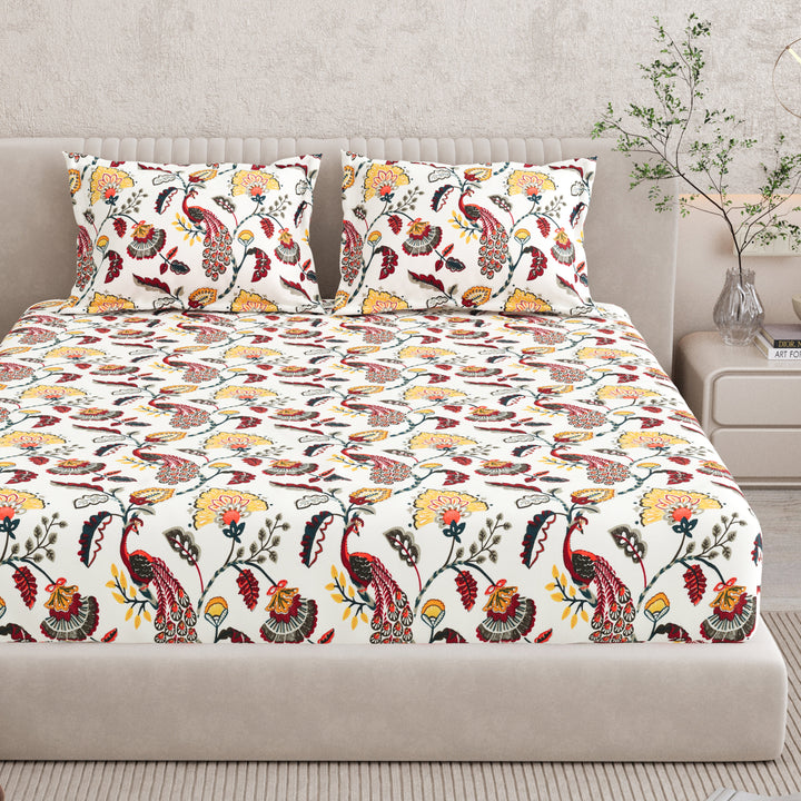Bella Casa Fashion & Retail Ltd BEDSHEET 72 inch x 78 inch + 10 inch / Red & Mustard / 100 % Pure Cotton Double Fitted Bedsheet Set 100% Cotton with 2 Pillow Covers Floral Design Red & Mustard Colour - Scarlet Collection
