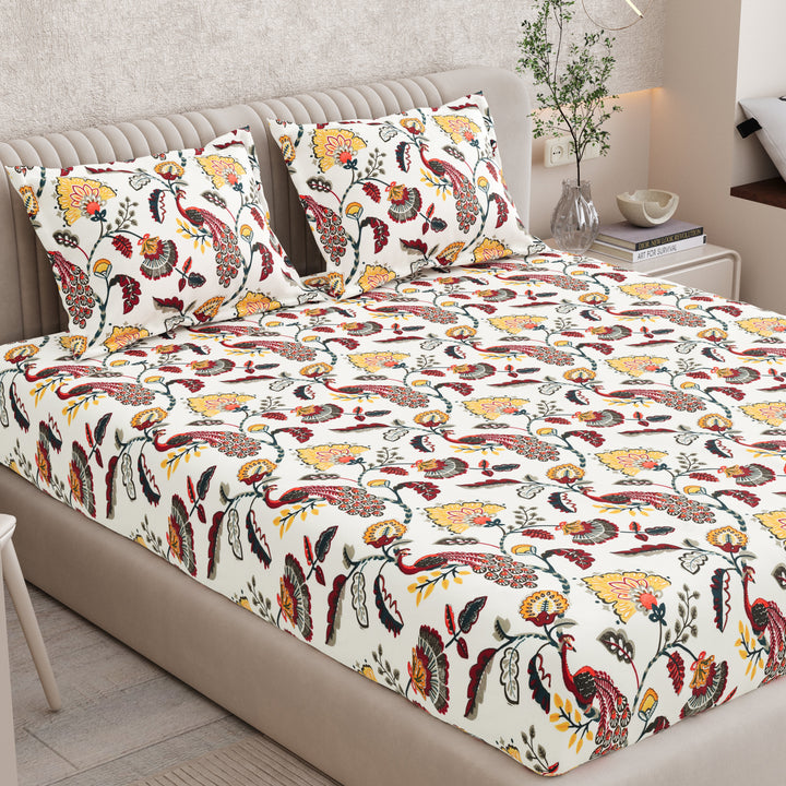 Bella Casa Fashion & Retail Ltd BEDSHEET 72 inch x 78 inch + 10 inch / Red & Mustard / 100 % Pure Cotton Double Fitted Bedsheet Set 100% Cotton with 2 Pillow Covers Floral Design Red & Mustard Colour - Scarlet Collection