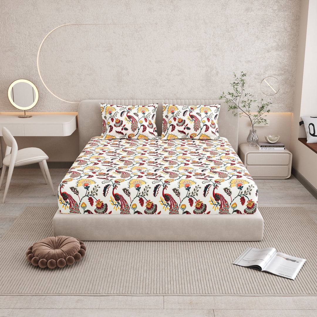 Bella Casa Fashion & Retail Ltd BEDSHEET 72 inch x 78 inch + 10 inch / Red & Mustard / 100 % Pure Cotton Double Fitted Bedsheet Set 100% Cotton with 2 Pillow Covers Floral Design Red & Mustard Colour - Scarlet Collection