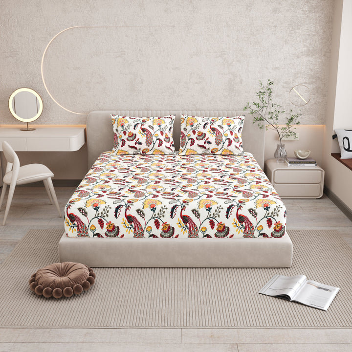 Bella Casa Fashion & Retail Ltd BEDSHEET 72 inch x 78 inch + 10 inch / Red & Mustard / 100 % Pure Cotton Double Fitted Bedsheet Set 100% Cotton with 2 Pillow Covers Floral Design Red & Mustard Colour - Scarlet Collection