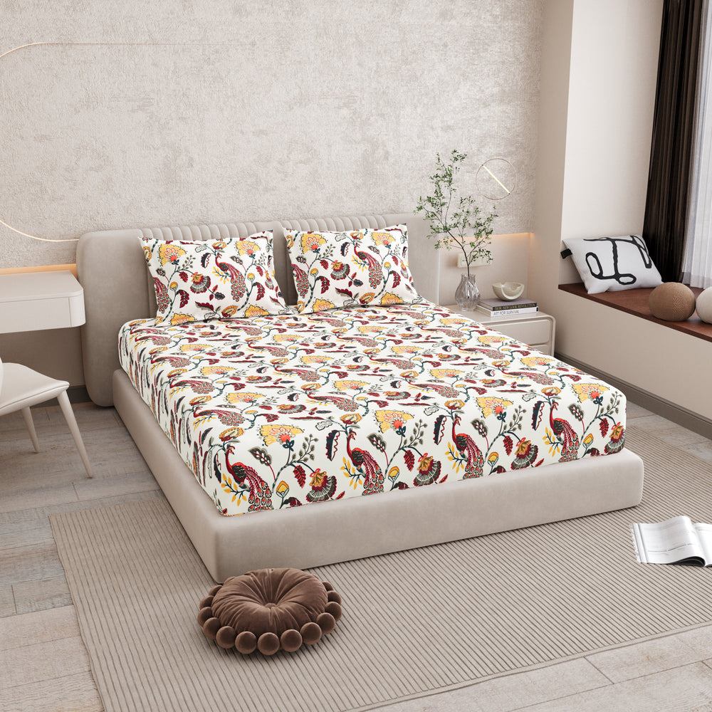 Bella Casa Fashion & Retail Ltd BEDSHEET 72 inch x 78 inch + 10 inch / Red & Mustard / 100 % Pure Cotton Double Fitted Bedsheet Set 100% Cotton with 2 Pillow Covers Floral Design Red & Mustard Colour - Scarlet Collection