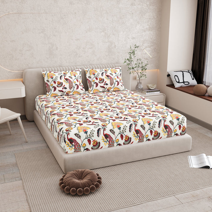 Bella Casa Fashion & Retail Ltd BEDSHEET 72 inch x 78 inch + 10 inch / Red & Mustard / 100 % Pure Cotton Double Fitted Bedsheet Set 100% Cotton with 2 Pillow Covers Floral Design Red & Mustard Colour - Scarlet Collection