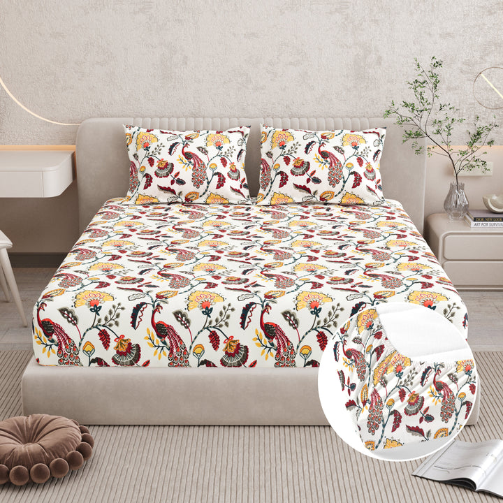 Bella Casa Fashion & Retail Ltd BEDSHEET 72 inch x 78 inch + 10 inch / Red & Mustard / 100 % Pure Cotton Double Fitted Bedsheet Set 100% Cotton with 2 Pillow Covers Floral Design Red & Mustard Colour - Scarlet Collection