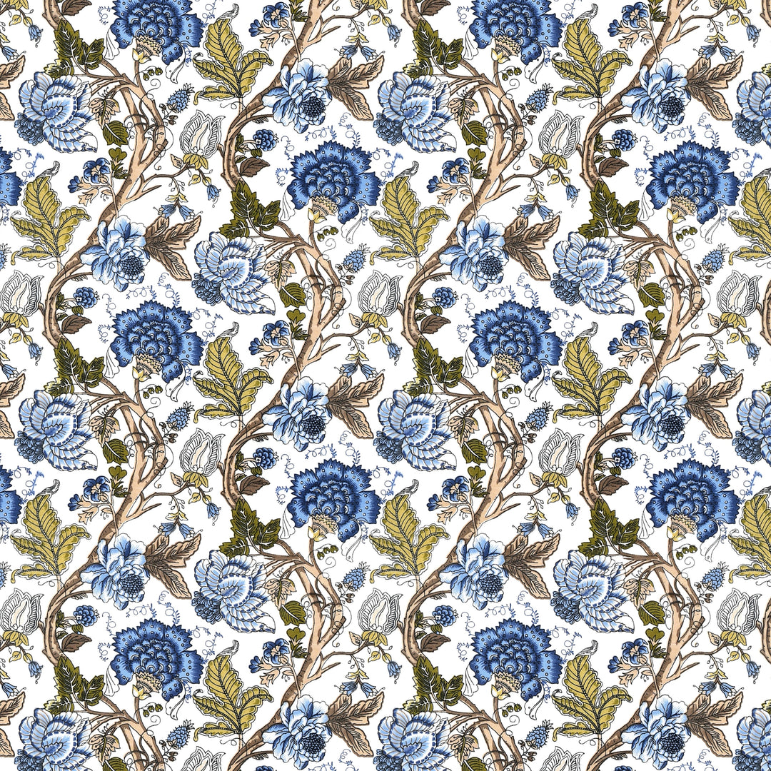 Bella Casa Fashion & Retail Ltd BEDSHEET 72 inch x 78 inch + 10 inch / Royal Blue and Olive Green / 100 % Pure Cotton Double Fitted Bedsheet Set 100% Cotton with 2 Pillow Covers Floral Design Royal Blue and Olive Green Colour - Scarlet Collection