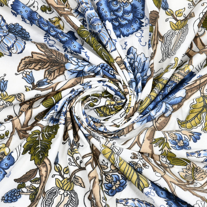 Bella Casa Fashion & Retail Ltd BEDSHEET 72 inch x 78 inch + 10 inch / Royal Blue and Olive Green / 100 % Pure Cotton Double Fitted Bedsheet Set 100% Cotton with 2 Pillow Covers Floral Design Royal Blue and Olive Green Colour - Scarlet Collection