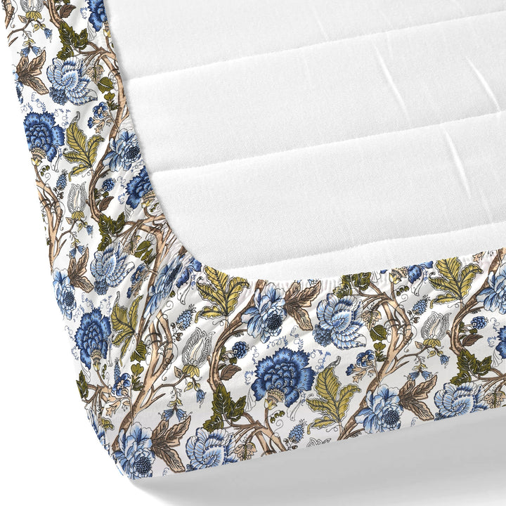 Bella Casa Fashion & Retail Ltd BEDSHEET 72 inch x 78 inch + 10 inch / Royal Blue and Olive Green / 100 % Pure Cotton Double Fitted Bedsheet Set 100% Cotton with 2 Pillow Covers Floral Design Royal Blue and Olive Green Colour - Scarlet Collection