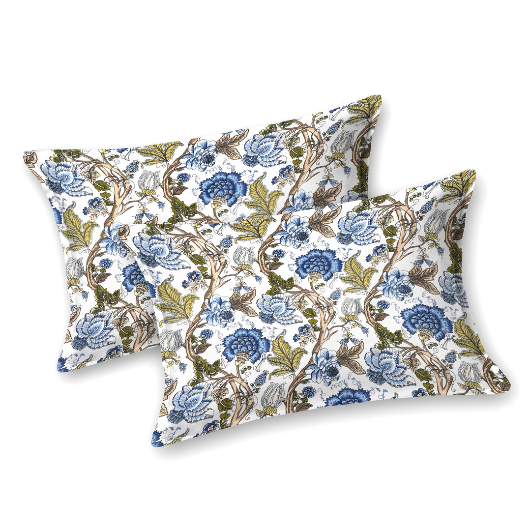 Bella Casa Fashion & Retail Ltd BEDSHEET 72 inch x 78 inch + 10 inch / Royal Blue and Olive Green / 100 % Pure Cotton Double Fitted Bedsheet Set 100% Cotton with 2 Pillow Covers Floral Design Royal Blue and Olive Green Colour - Scarlet Collection