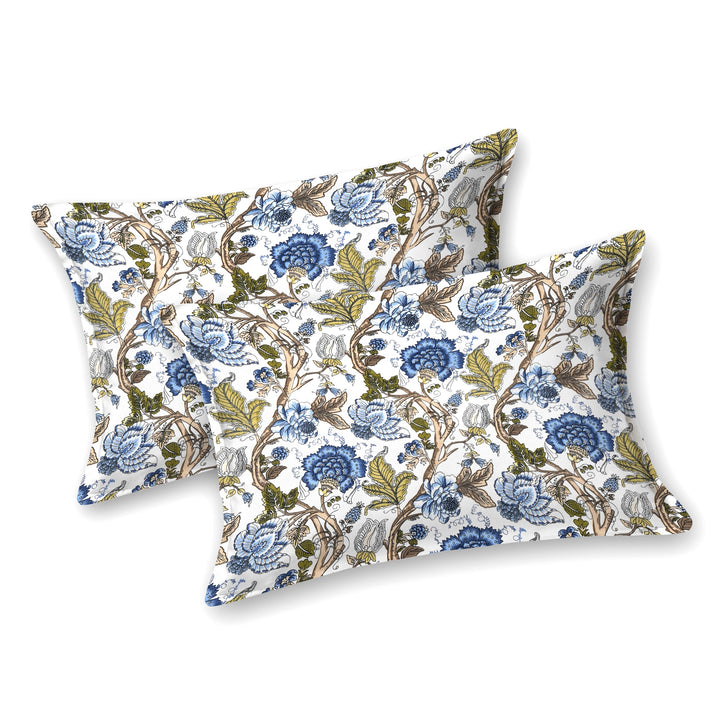 Bella Casa Fashion & Retail Ltd BEDSHEET 72 inch x 78 inch + 10 inch / Royal Blue and Olive Green / 100 % Pure Cotton Double Fitted Bedsheet Set 100% Cotton with 2 Pillow Covers Floral Design Royal Blue and Olive Green Colour - Scarlet Collection