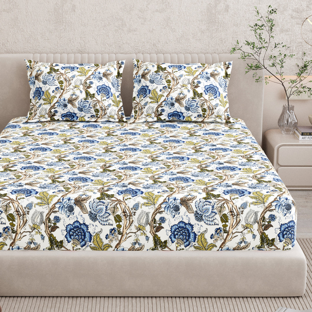 Bella Casa Fashion & Retail Ltd BEDSHEET 72 inch x 78 inch + 10 inch / Royal Blue and Olive Green / 100 % Pure Cotton Double Fitted Bedsheet Set 100% Cotton with 2 Pillow Covers Floral Design Royal Blue and Olive Green Colour - Scarlet Collection