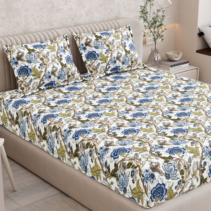 Bella Casa Fashion & Retail Ltd BEDSHEET 72 inch x 78 inch + 10 inch / Royal Blue and Olive Green / 100 % Pure Cotton Double Fitted Bedsheet Set 100% Cotton with 2 Pillow Covers Floral Design Royal Blue and Olive Green Colour - Scarlet Collection