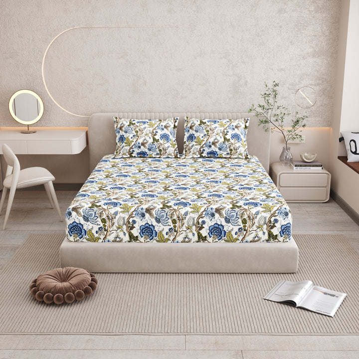 Bella Casa Fashion & Retail Ltd BEDSHEET 72 inch x 78 inch + 10 inch / Royal Blue and Olive Green / 100 % Pure Cotton Double Fitted Bedsheet Set 100% Cotton with 2 Pillow Covers Floral Design Royal Blue and Olive Green Colour - Scarlet Collection