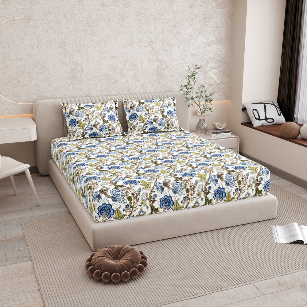 Bella Casa Fashion & Retail Ltd BEDSHEET 72 inch x 78 inch + 10 inch / Royal Blue and Olive Green / 100 % Pure Cotton Double Fitted Bedsheet Set 100% Cotton with 2 Pillow Covers Floral Design Royal Blue and Olive Green Colour - Scarlet Collection