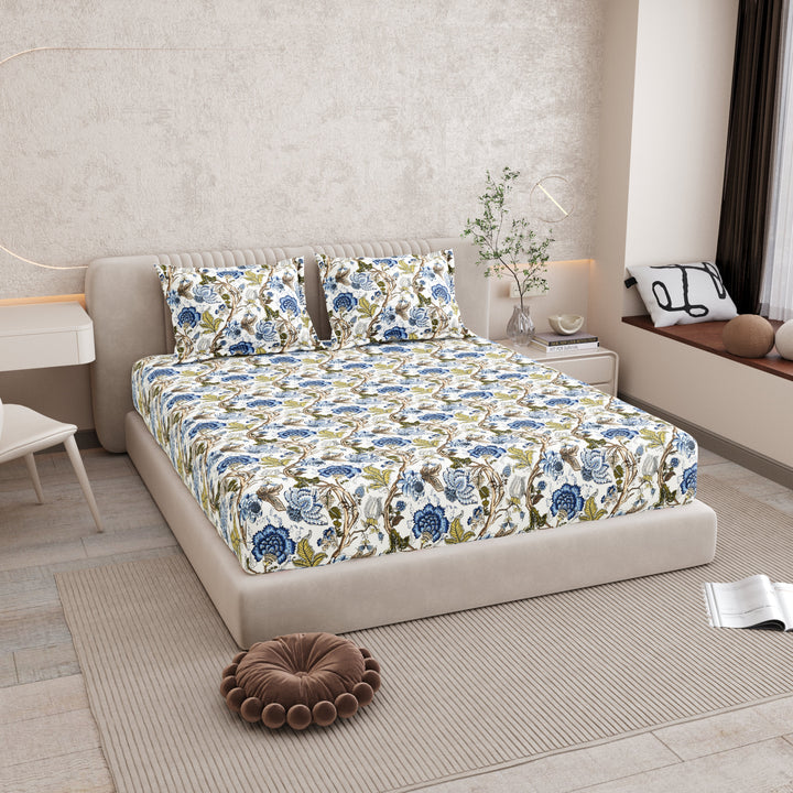 Bella Casa Fashion & Retail Ltd BEDSHEET 72 inch x 78 inch + 10 inch / Royal Blue and Olive Green / 100 % Pure Cotton Double Fitted Bedsheet Set 100% Cotton with 2 Pillow Covers Floral Design Royal Blue and Olive Green Colour - Scarlet Collection