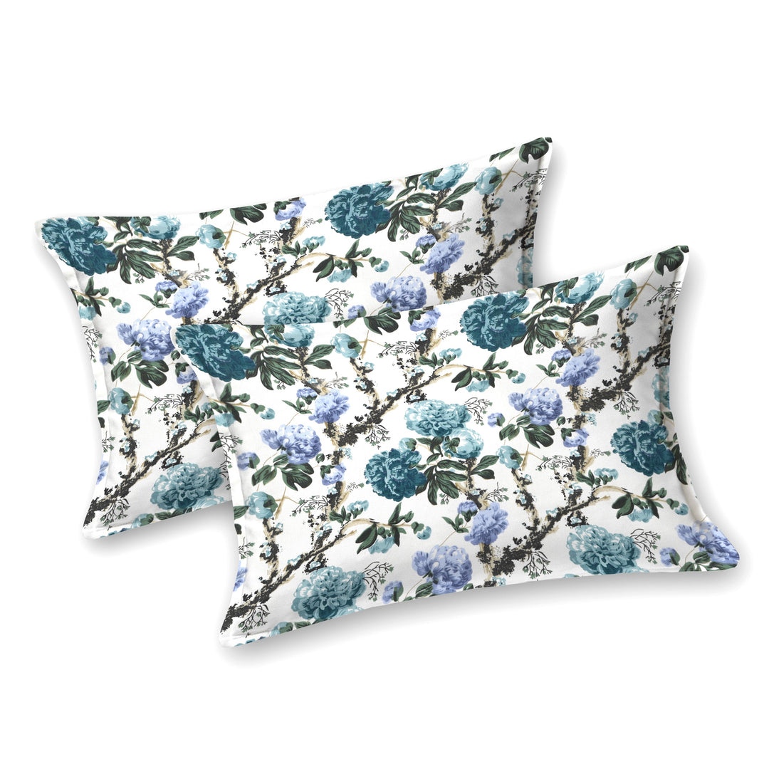 Bella Casa Fashion & Retail Ltd BEDSHEET 72 inch x 78 inch + 10 inch / Teal and Light Blue / 100 % Pure Cotton Double Fitted Bedsheet Set 100% Cotton with 2 Pillow Covers Floral Design Teal and Light Blue Colour - Scarlet Collection