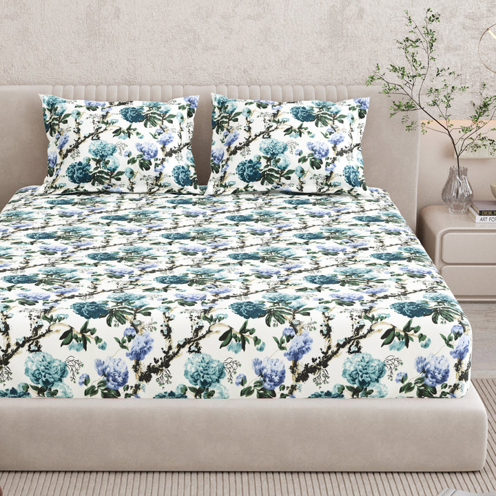 Bella Casa Fashion & Retail Ltd BEDSHEET 72 inch x 78 inch + 10 inch / Teal and Light Blue / 100 % Pure Cotton Double Fitted Bedsheet Set 100% Cotton with 2 Pillow Covers Floral Design Teal and Light Blue Colour - Scarlet Collection