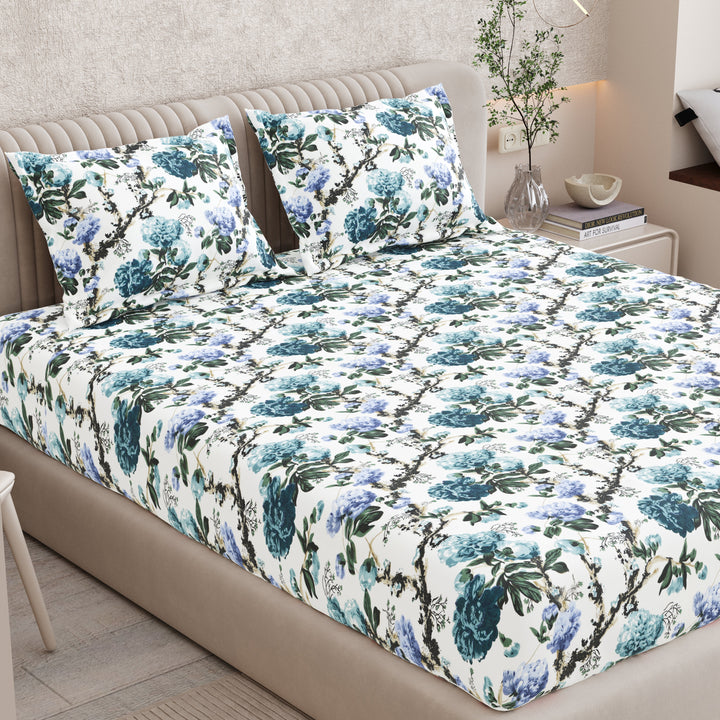 Bella Casa Fashion & Retail Ltd BEDSHEET 72 inch x 78 inch + 10 inch / Teal and Light Blue / 100 % Pure Cotton Double Fitted Bedsheet Set 100% Cotton with 2 Pillow Covers Floral Design Teal and Light Blue Colour - Scarlet Collection