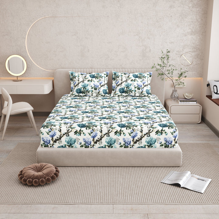 Bella Casa Fashion & Retail Ltd BEDSHEET 72 inch x 78 inch + 10 inch / Teal and Light Blue / 100 % Pure Cotton Double Fitted Bedsheet Set 100% Cotton with 2 Pillow Covers Floral Design Teal and Light Blue Colour - Scarlet Collection