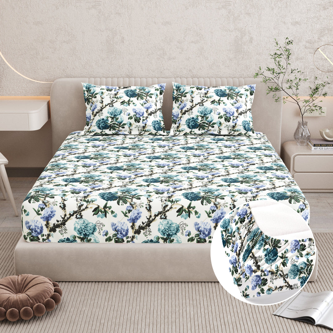 Bella Casa Fashion & Retail Ltd BEDSHEET 72 inch x 78 inch + 10 inch / Teal and Light Blue / 100 % Pure Cotton Double Fitted Bedsheet Set 100% Cotton with 2 Pillow Covers Floral Design Teal and Light Blue Colour - Scarlet Collection